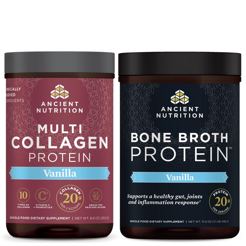 Ancient Nutrition Multi Collagen Protein Powder, Vanilla, 24 Servings + Bone Broth Protein Powder, Vanilla, 20 Servings