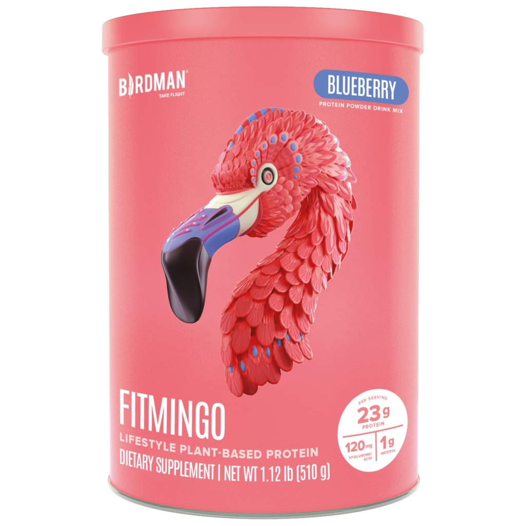 BIRDMAN Fitmingo Vegan Protein Powder with Inositol, Collagen Boosters, Hyaluronic Acid and Vitamins | Low Carb, Dairy Free, Low Calorie | 23g Plant Based Blueberry Protein Powder with Myo-Inositol