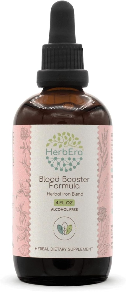 HerbEra Blood Booster Formula B120 Χρώμα εκχυλίσματος χωρίς αλκοόλ: Stinging Nattle Leaf, Dandelion Leaf, Σπανάκι, Spirulina, Alfalfa, Κίτρινη Ρίζα Dock, Βότανο Iron Blend 4 Fl Oz