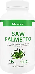 ML Naturals Saw Palmetto 1000 mg 180 Vegetable Capsules. Premium Quality 4:1 Extract. Prostate, Urinary Health, Hair Growth, and Help Prevent Hair Loss, NSF-Certified & cGMP-Compliant