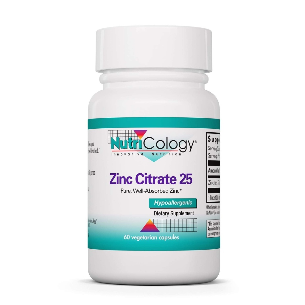 Nutricology Ψευδάργυρος Κιτρικό συμπλήρωμα - 25mg ψευδάργυρος για άνδρες & γυναίκες, ανοσοποιητική υποστήριξη, καθαρό, καλά απορροφημένο, καλά ανεκτές, Trace Mineral, χορτοφάγους κάψουλες - 60 μέτρα