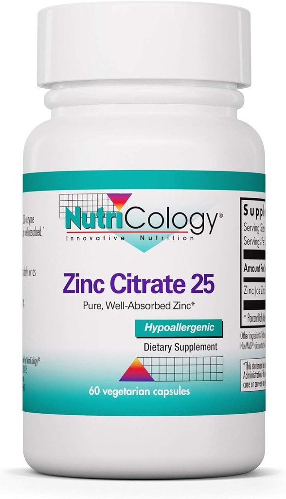Nutricology Ψευδάργυρος Κιτρικό συμπλήρωμα - 25mg ψευδάργυρος για άνδρες & γυναίκες, ανοσοποιητική υποστήριξη, καθαρό, καλά απορροφημένο, καλά ανεκτές, Trace Mineral, χορτοφάγους κάψουλες - 60 μέτρα