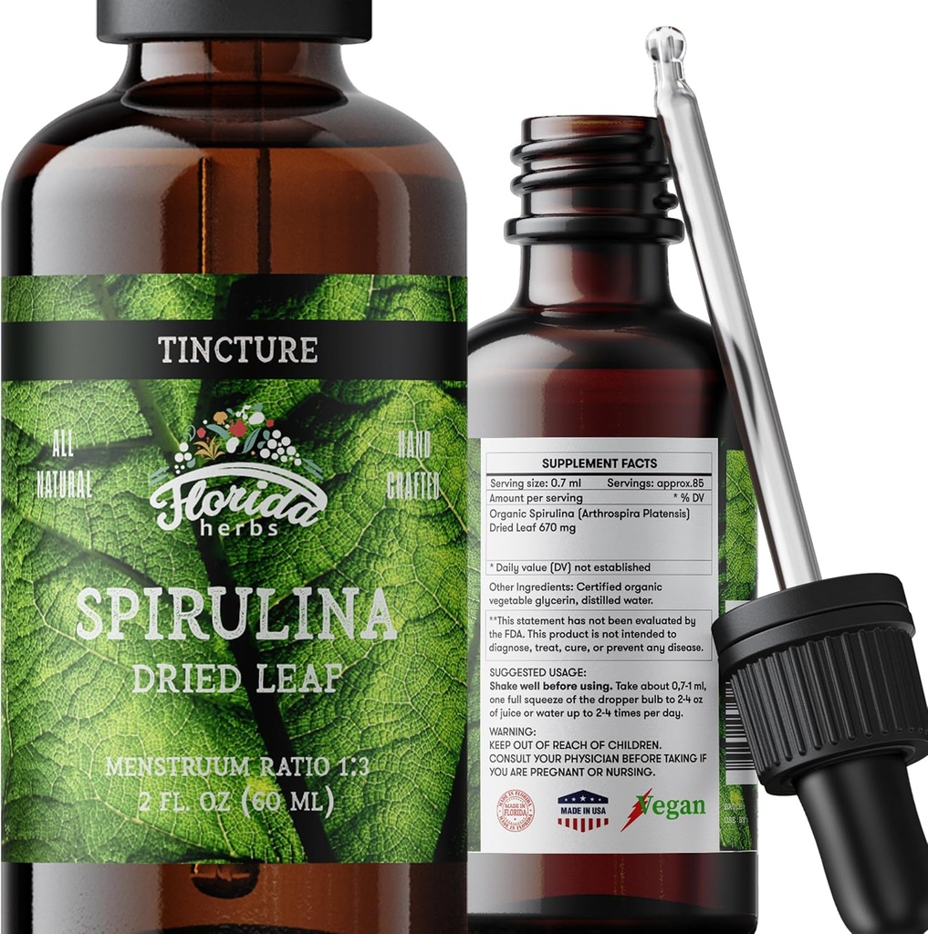 Spirulina Tincture, Organic Spirulina Extract (Arthrospira Platensis) Βότανο συμπλήρωμα, Μη ΓΤΟ σε εν ψυχρώ πιεσμένη οργανική φυτική γλυκερίνη, 700 mg, 2 oz (60 ml)