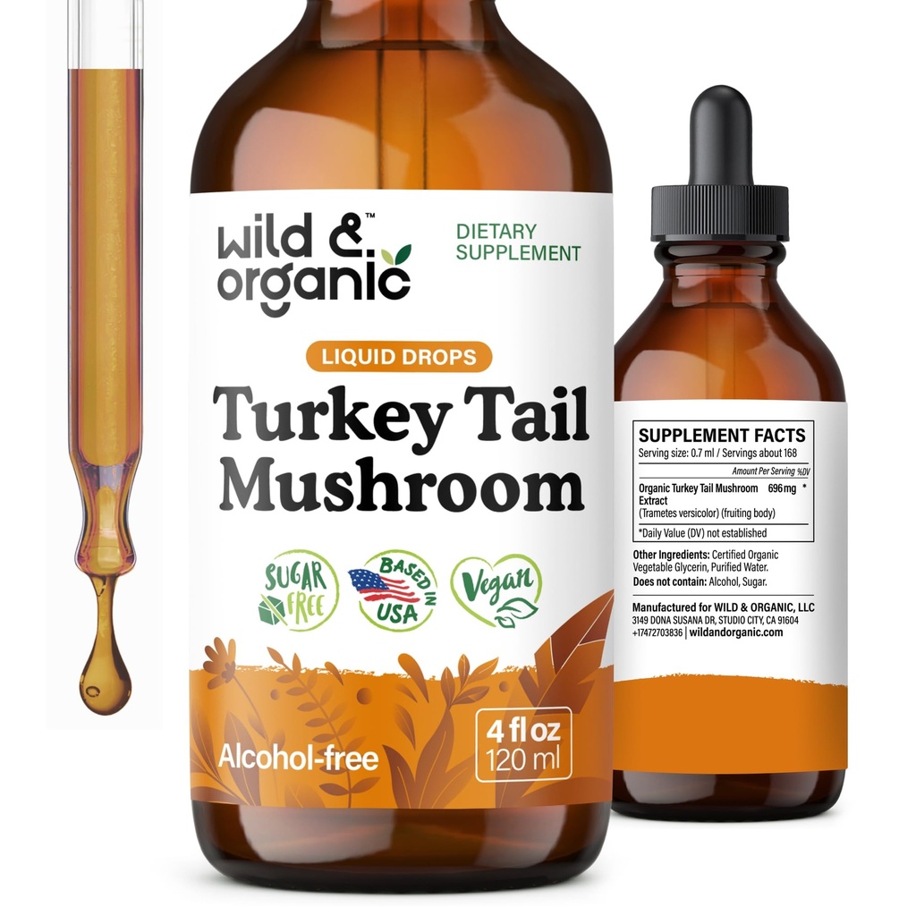 Wild & Organic Turkey Tail Mushroom Tincture - Σταγόνες στήριξης του ανοσοποιητικού με εκχύλισμα ουράς Τουρκίας - Συμπλήρωμα υγρού μανιταριών για την υποστήριξη των ούρων - Vegan, Sugar & Alcohol-Free - 4 fl oz
