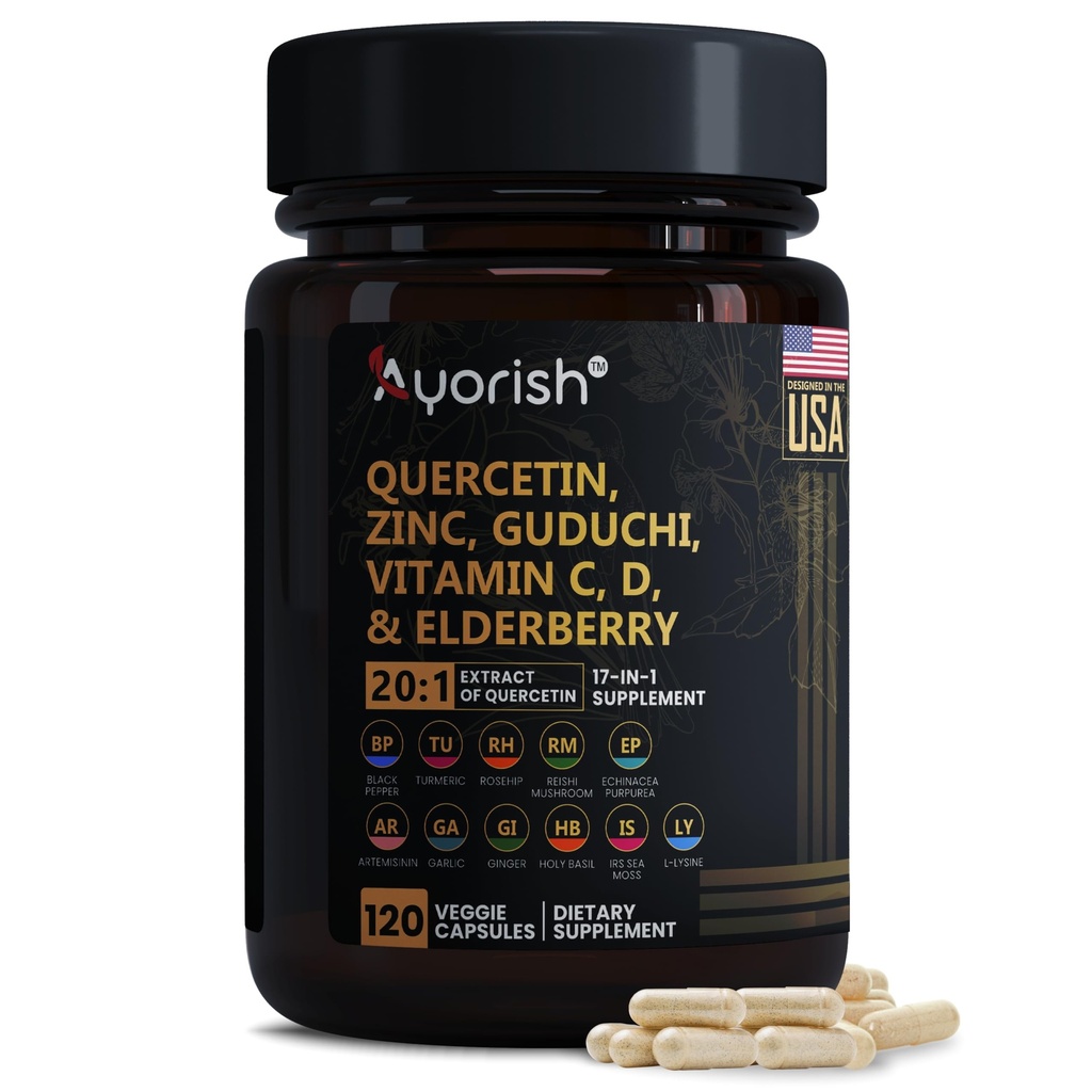 Quercetin Ψευδάργυρος Βιταμίνη C Βιταμίνη D Bromelain Elderberry - Συμπληρώματα Ανοσολογικής Υποστήριξης Πνεύμονα Ενήλικες με Αρτεμινίνη, Θαλάσσιο Μος, Echinacea, Αλλεργία Ανακούφιση 120 Count
