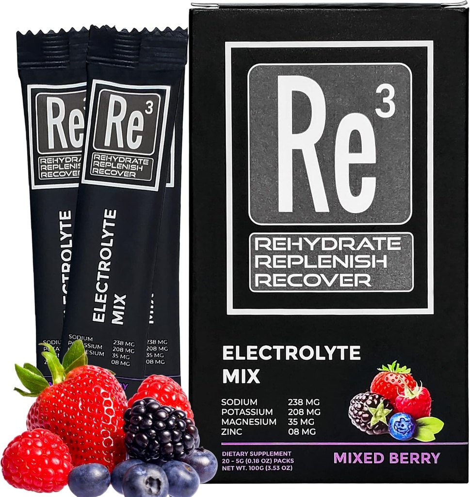 Re3 - Rehydrate - Replenish - Recover Ηλεκτρολύτες Powder Packets. Χωρίς ζάχαρη, 7 Cal, 1.4 υδατάνθρακες. Το καλύτερο μείγμα βιταμινών και ορυκτών (Mixed Berry)