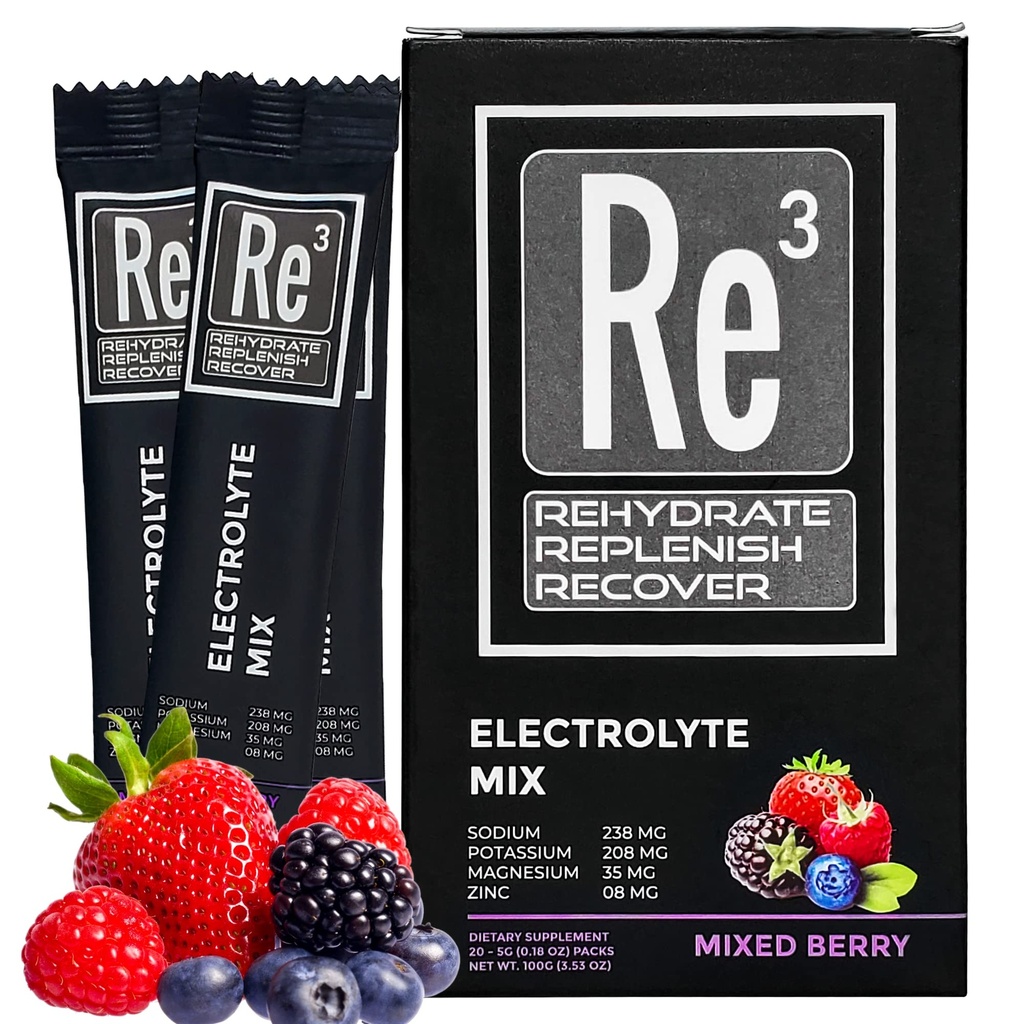 Re3 - Rehydrate - Replenish - Recover Ηλεκτρολύτες Powder Packets. Χωρίς ζάχαρη, 7 Cal, 1.4 υδατάνθρακες. Το καλύτερο μείγμα βιταμινών και ορυκτών (Mixed Berry)