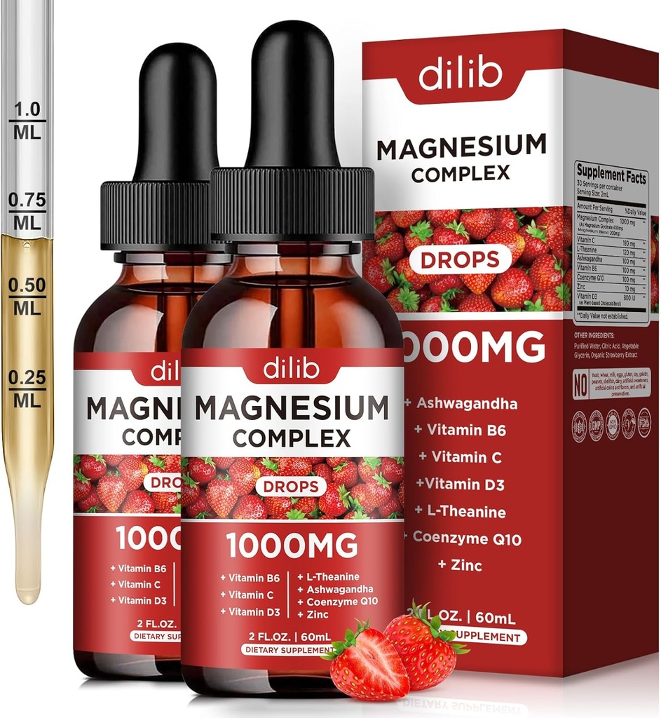 Triple Magnesium Complex Supplement, Μαγνήσιο Γλυκινικό, Blend, Κιτρικό Υγρές σταγόνες 1000mg με Ashwagandha, CoQ10, Βιταμίνη B6, C, D, Ψευδάργυρος - Υποστήριξη Ηρεμία Άγχος Ανακούφιση, Οστών, μυών, Mood 2 Pack