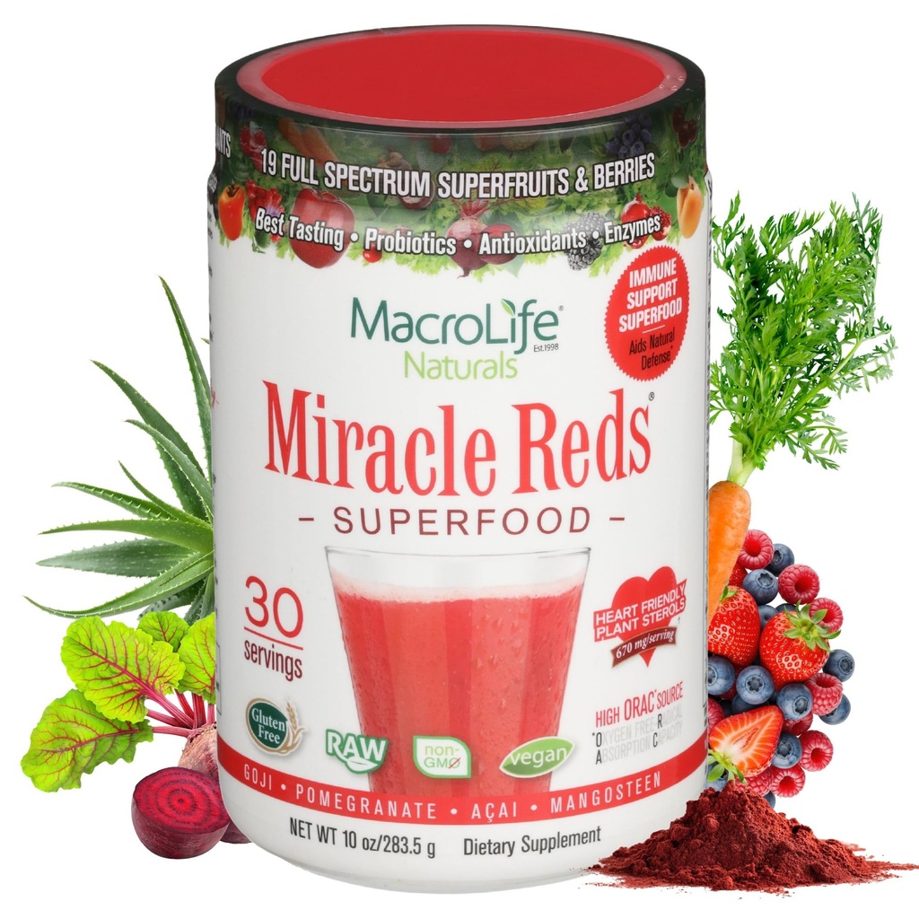 MacroLife Naturals Miracle Reds Superfood Supplement Σκόνη Αντιοξειδωτικά Πολυφαινόλες Ένζυμα Προβιοτικά - Ακατέργαστα μη ΓΤΟ Βιολογικά Vegan Γλουτένη & Γαλακτοκομικά Χωρίς (30 σερβιέτες)