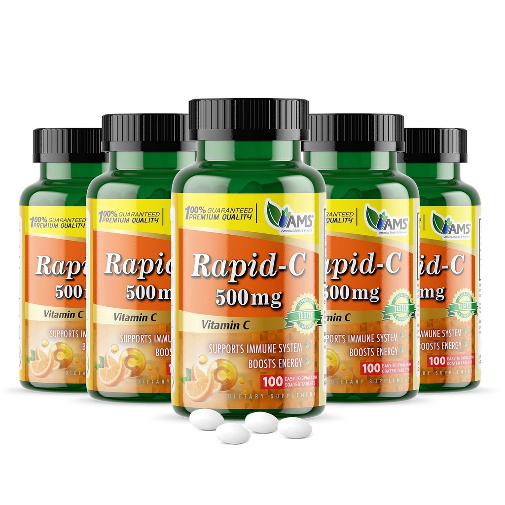 America Medic & Science Rapid-C 500mg συμπλήρωμα βιταμίνης C 500 δισκία (5 συσκευασία των 100 δισκίων) Καθημερινή υποστήριξη ανοσοποιητικού συστήματος, Αντιοξειδωτικό 