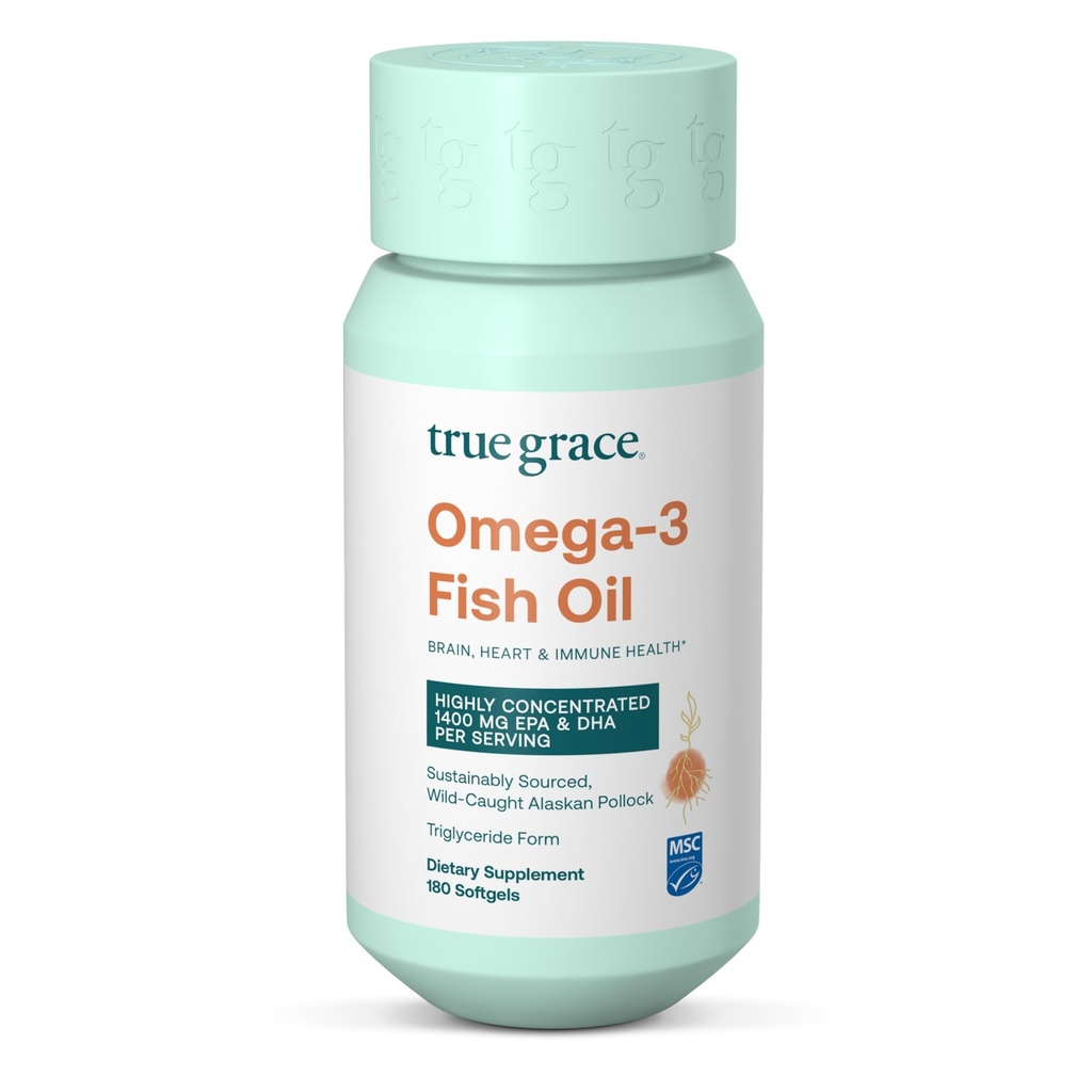 True Grace Omega-3 Fish Oil - 180 Softgels - 1400 mg EPA + DHA - Εγκέφαλος, καρδιά, κοινή & ανοσοποιητική υγεία - Οργανική, χωρίς γλουτένη, χωρίς σόγια