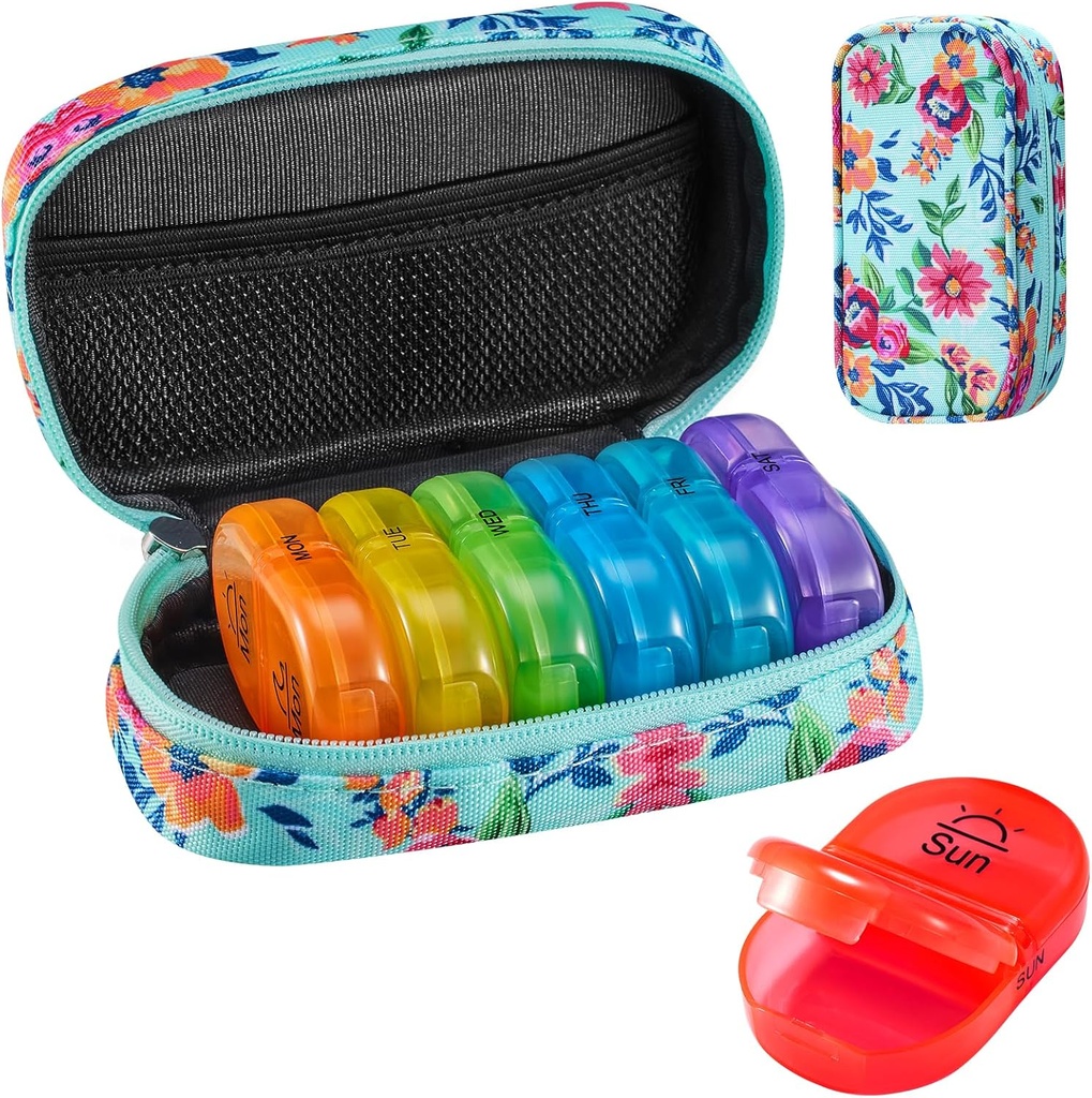 Serfeymi Weekly Travel Pill Organizer 2 φορές A Day AM PM Αναβάθμιση του κιβωτίου 7 ημερών με το φορητό Zipper Canvas Pill Case, Medicine Organizer για χάπια, βιταμίνες, ιχθυέλαια - Green 01