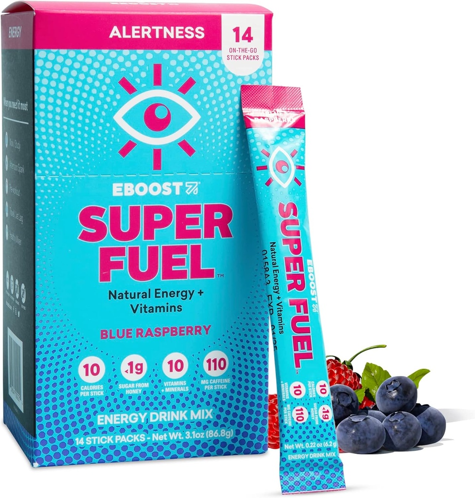 EBOOST Energy Drink Powder, Super Fuel - Μπλε Βατόμουρο, 14 πακέτα - Pre-Workout Powder Energy Drink Mix - Φυσική ενέργεια, L-Τυροσίνη, L-Θεανίνη & Βιταμίνες - Preworkout για γυναίκες και άνδρες να πάει