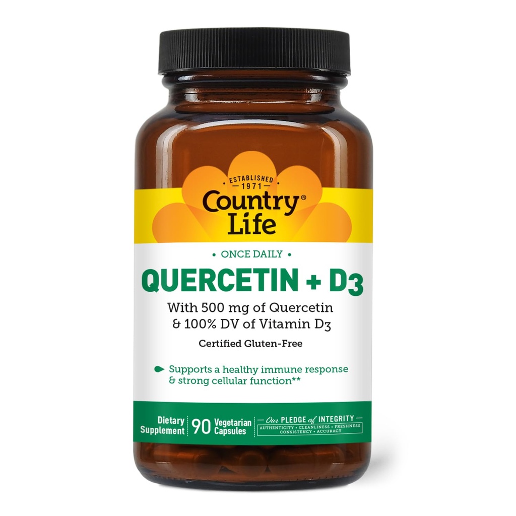Country Life Quercetin 500mg Κάψουλες με Βιταμίνη D3 800 IU – Συμπλήρωμα Ανοσολογικής Υποστήριξης για Ενήλικες – Καθημερινή Ανοσοποιητική Αναμνηστική – Αναμνηστική Κουερσετίνη, 90 Κάψουλες