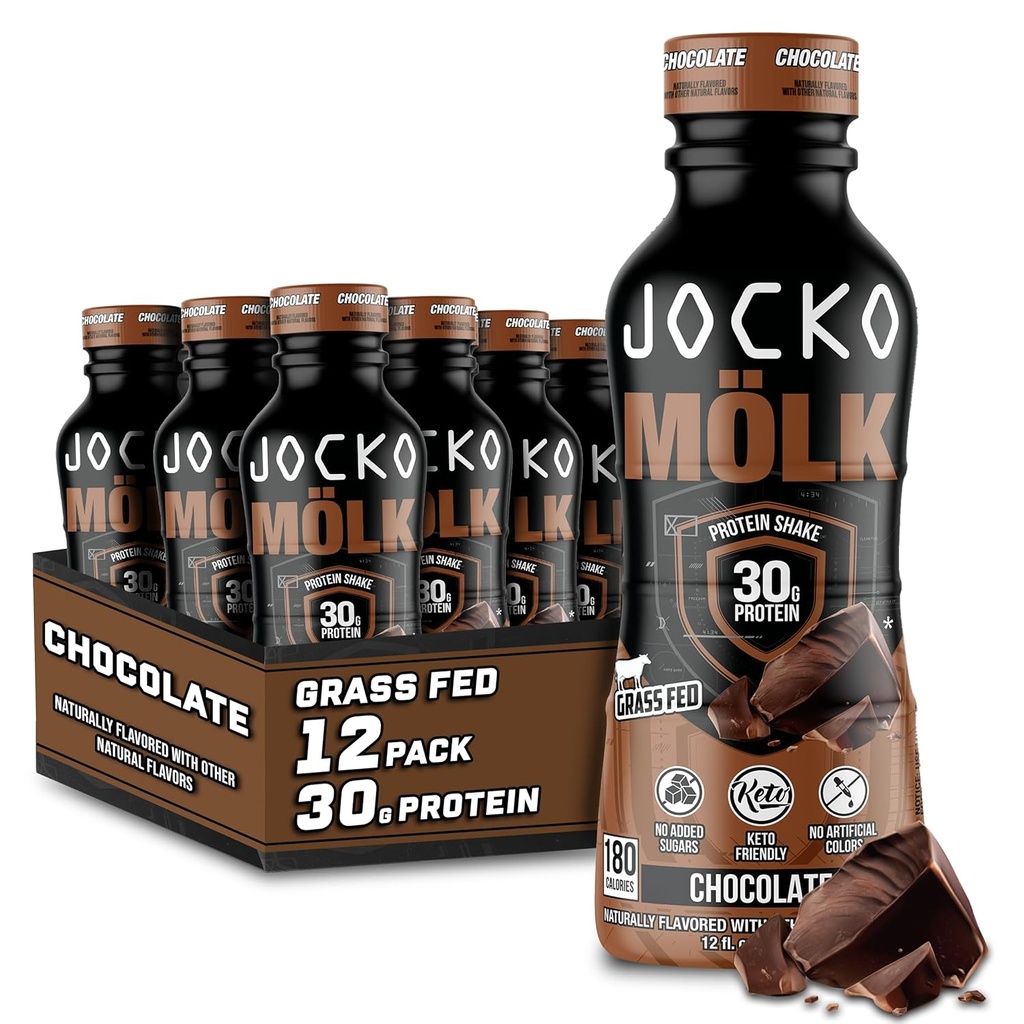Jocko Mölk 30g Grass Fed Protein Shakes – Όχι Προστιθέμενη ζάχαρη Protein Drinks KETO Friendly - Έτοιμη να πιει 12 FL Oz (πακέτο των 12) Σοκολάτα