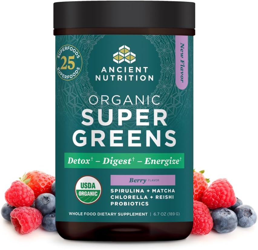 Ancient Nutrition SuperGreens Σκόνη με Προβιοτικά, Βιολογικά Berry Flavor Greens, Φτιαγμένα από Αληθινά Φρούτα, Λαχανικά και Βότανα, Digestive και Ενεργειακή Υποστήριξη, 25 Υπηρεσίες, 6.7oz