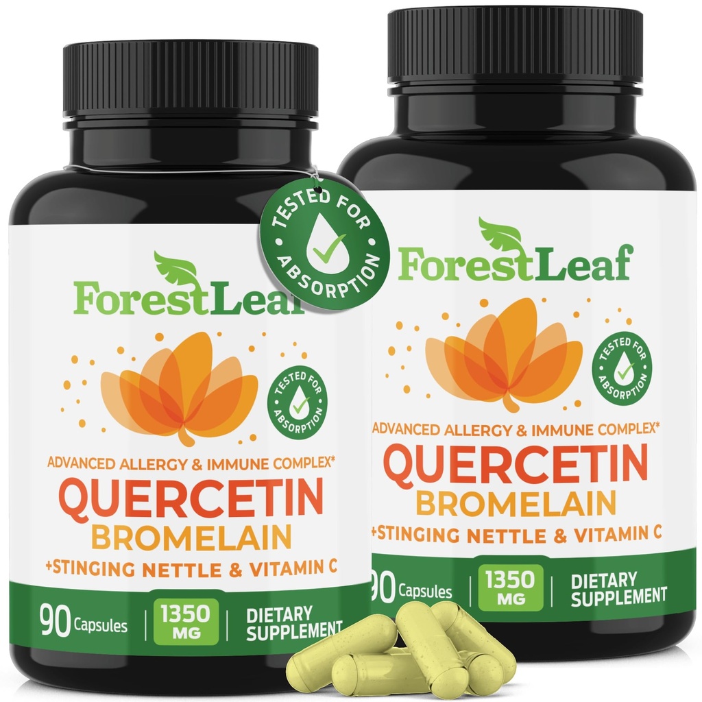 ForestLeaf Quercetin with Bromelain - 1350mg Blend with Vitamin C & Stinging Nettle, Advanced Quercetin 500mg Supplement, Non-GMO Gluten Free, Natural Immune & Respiratory Function 180 Veggie Capsules