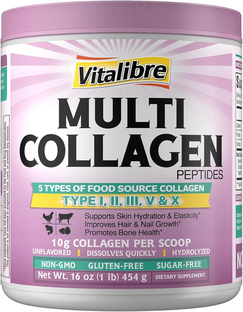 Multi Collagen Peptides Powder Type I II III V X, Hydrolyzed Collagen Protein for Women and Men, Skin, Hair, Nails, Unflaved, Non-GMO, Keto & GF, Zero Sugar, 45 Servings, 16oz