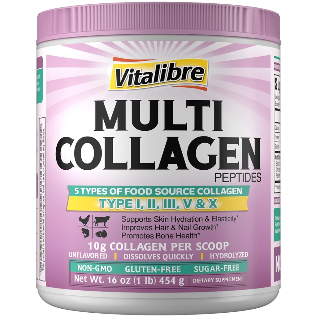 Vitalibre Multi Collagen Peptides Powder Type I II III V X, Hydrolyzed Collagen Protein for Women and Men, Skin, Hair, Nails, Unflavored, Non-GMO, Keto & GF, Zero Sugar, 45 Servings, 16oz