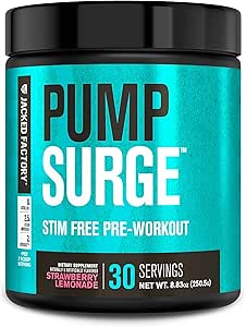Jacked Factory Pumpsurge Caffeine Free Pre προπόνηση για άνδρες & γυναίκες - Nootropic Booster & Stim Δωρεάν προπόνηση - Έντονες Αντλίες, Ενισχυμένη Εστίαση - 30 Σερβιέτες, Λεμονάδα Φράουλα