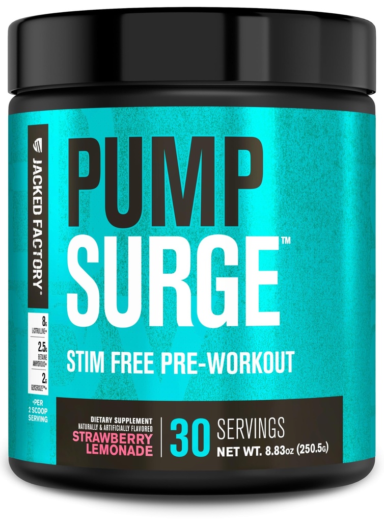 Jacked Factory Pumpsurge Caffeine Free Pre προπόνηση για άνδρες & γυναίκες - Nootropic Booster & Stim Δωρεάν προπόνηση - Έντονες Αντλίες, Ενισχυμένη Εστίαση - 30 Σερβιέτες, Λεμονάδα Φράουλα