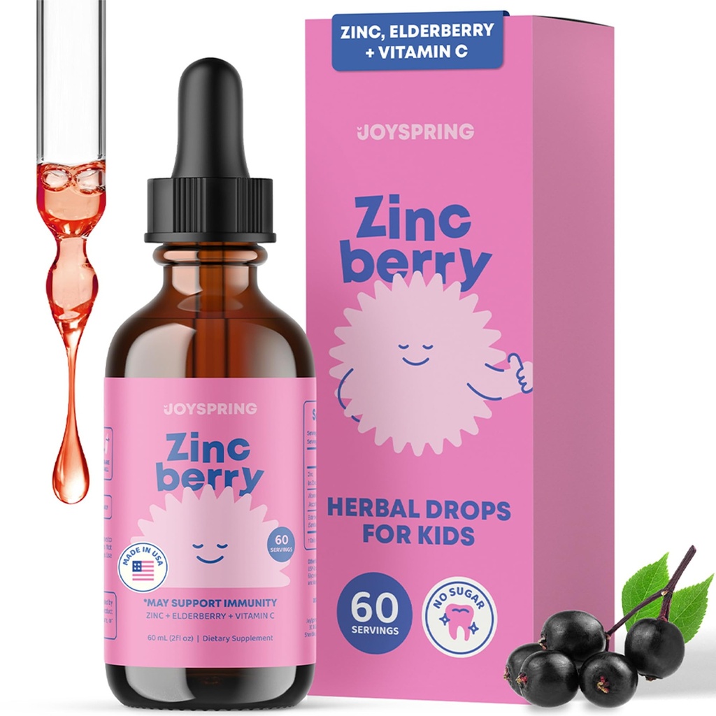 JoySpring ZincBerry - Παιδικό συμπλήρωμα ψευδάργυρου & βιταμίνης (2 fl oz) Ανοσοποιητική υποστήριξη σταγόνες με γεύσεις από μούρα για παιδιά 2-16+ Έτη