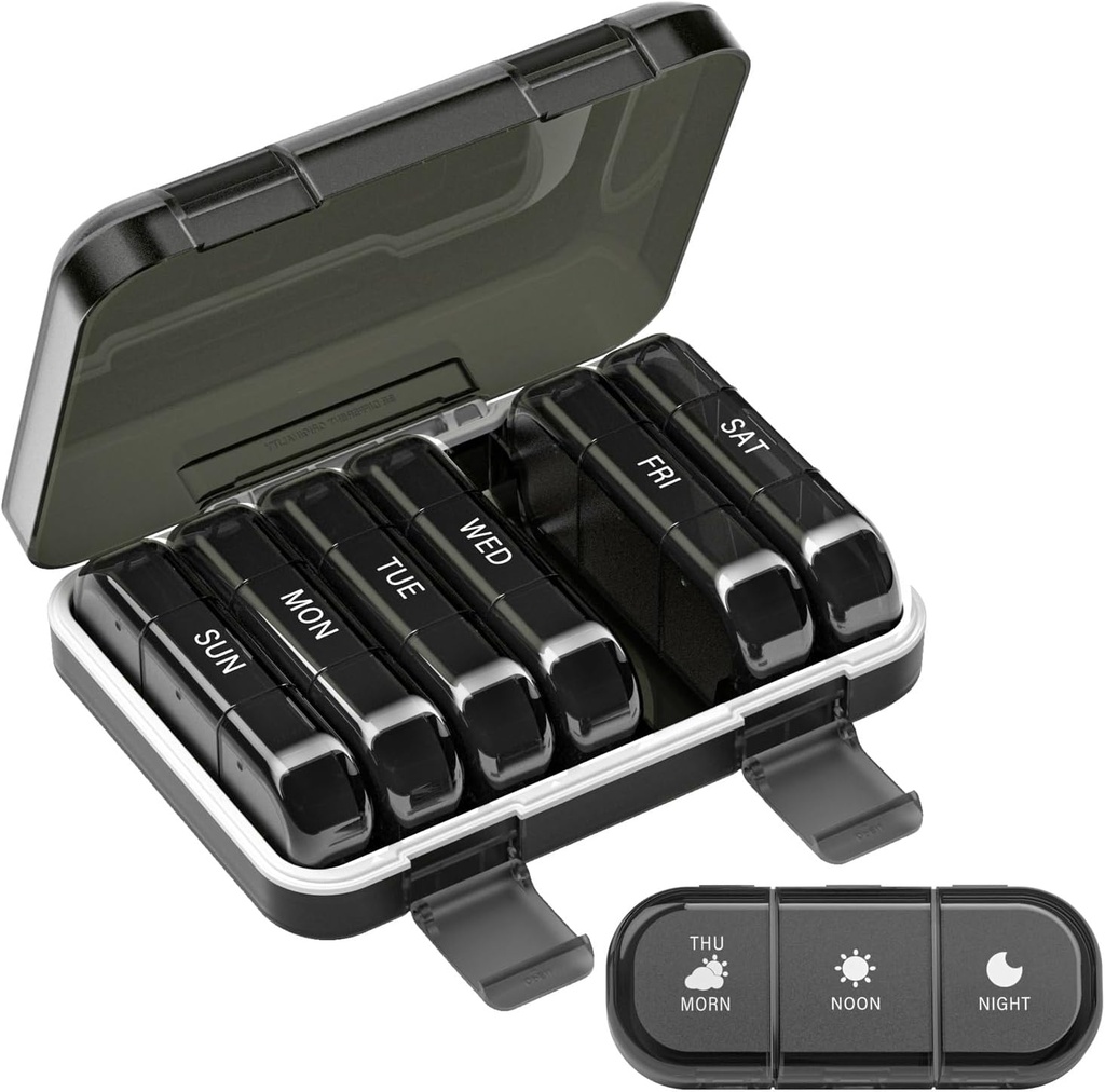 Weekly Pill Organizer 3 φορές την ημέρα, 7 ημέρες φορητό κουτί χάπια για χάπια, βιταμίνες, ιχθυέλαιο, φαρμακευτική αγωγή, συμπληρώματα (3x7 μαύρο)