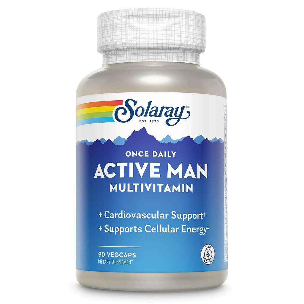 SOLARAY Once Daily Active Man Multivitamin - Cellular Energy and Immune Support Supplement w/Vitamin D, Vitamin C, B12, B6, Zinc, Lutein, Digestive Enzymes, Whole Foods, 60-Day Guarry, 90 Services