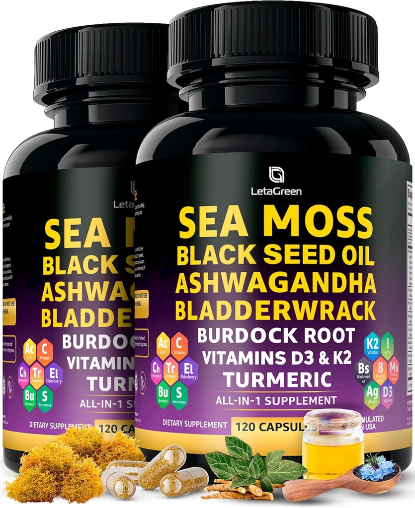 Sea Moss Κάψουλες – 17-σε-1 ανάμειξη με μαύρο σπορέλαιο Ashwagandha Bladderwrack Burdock Root Turmeric Vitamin D3 K2 C για καθημερινή ευεξία – Multimineral Supplement for Men & Women – 240 Count