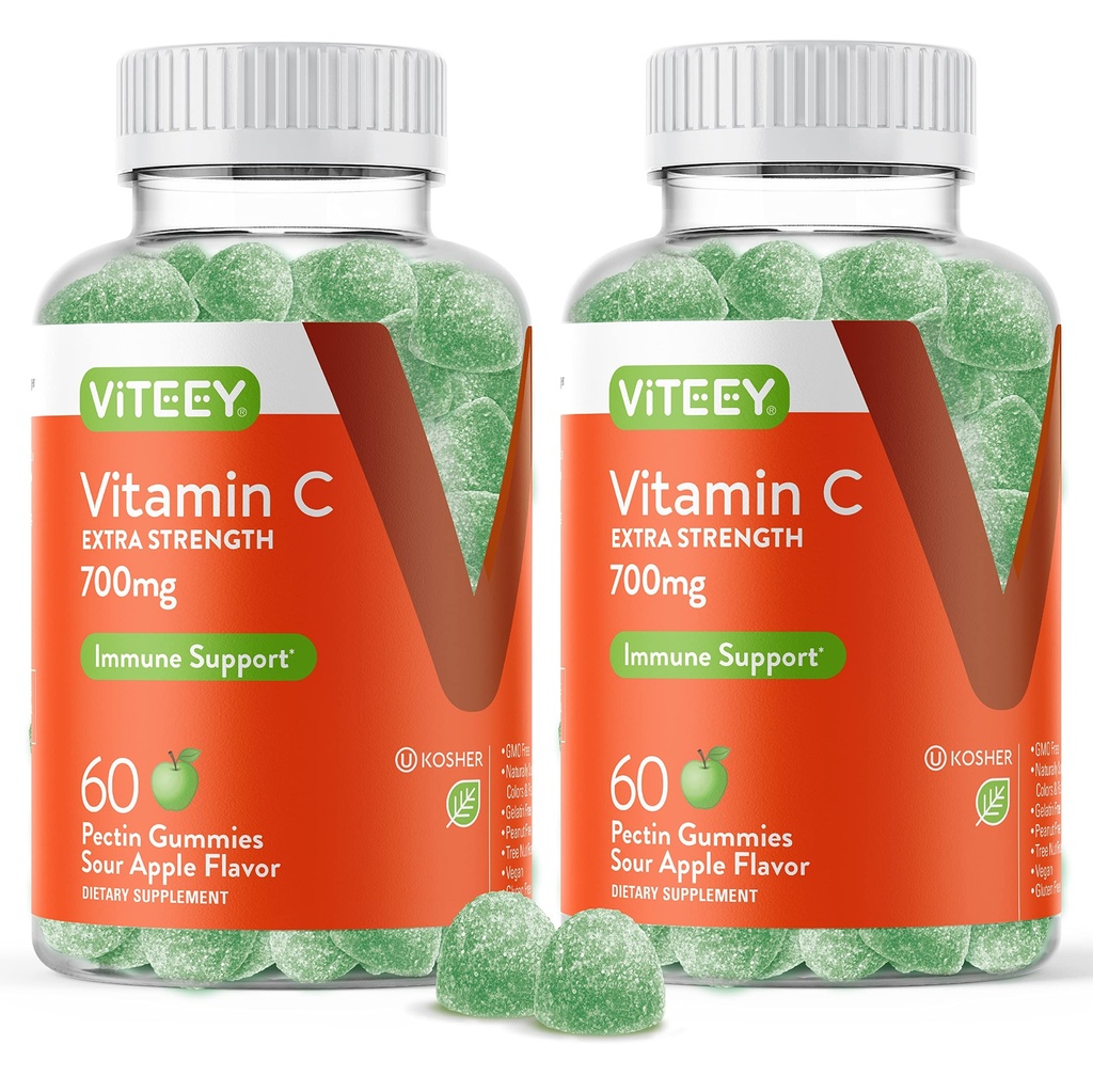 Viteey Chewable Vitamin C Gummies για ενήλικες - 700mg επιπλέον δύναμη συμπλήρωμα υποστήριξης του ανοσοποιητικού - Vegan, χωρίς γλουτένη - 120 Count