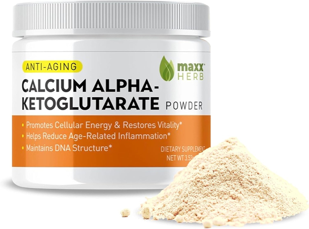 Maxx Herb Calcium AKG, Pure Calcium Alpha - Ketoglutarate Powder (Ca-AKG), για Ενέργεια, Ζωτικότητα, Διανοητική Εστίαση, Καθαρότητα & Δομή DNA, Μη ΓΤΟ & Χωρίς Γλουτένη - 100 Gram Jar (67 Servings)