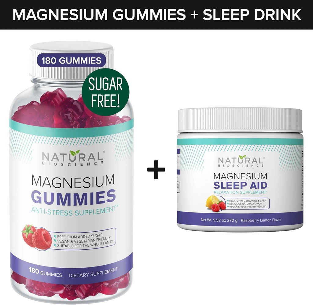Gummies μαγνησίου χωρίς ζάχαρη (180 Gummies) και σκόνη νυκτός μαγνησίου με κιτρικό μαγνήσιο, μελατονίνη, L-Θεανίνη και GABA - Vegan, χωρίς ζελατίνη, χωρίς γλουτένη, μη GMO