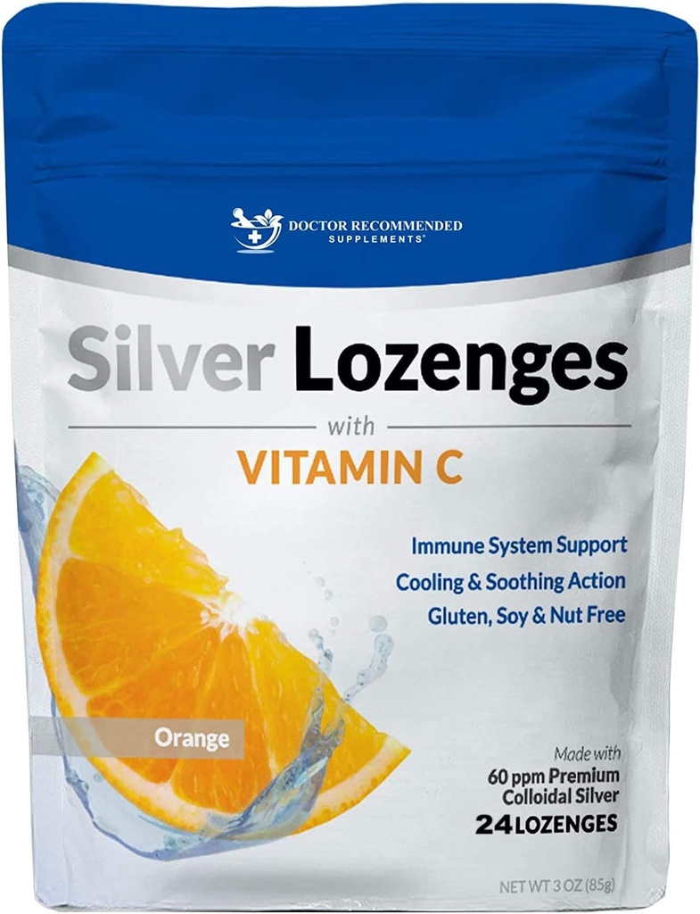 Ασημί Lozenges με βιταμίνη C - Premium Nano Silver 60 PPM Κολλοειδές Ασημί, Βιολογικό Μέλι και Βιταμίνη C Ορυκτό συμπλήρωμα σταγόνες για την υποστήριξη του ανοσοποιητικού συστήματος, Βήχας & Λαρύγγι - 24 Orange Lozenges
