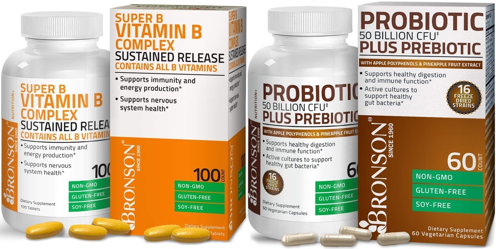 Bronson Probiotic 50 Billion CFU + Prebiotic with Apple Polyphenols & Pineapple Fruit Extract + Vitamin B Complex Sustained Release