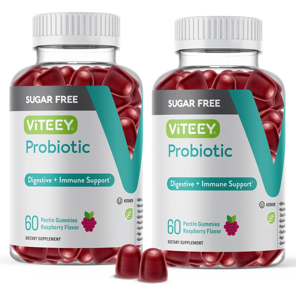 Viteey Probiotic Gummies for Women, Men & Teens, 2 Billion CFUs -Sugar Free | Immune Booster, Digestive Support, Gut Health - Vegan, Gelatin Free, GMO Free - Tasty Chewable Raspberry Flavored Gummy