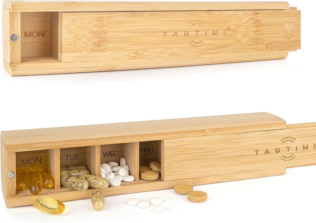 Bamboo Weekly Pill Organizer - 7 Day Wood Tablet Box - Ιδανικό Aesthetic Pill Organizer για Βιταμίνες ή συμπληρώματα