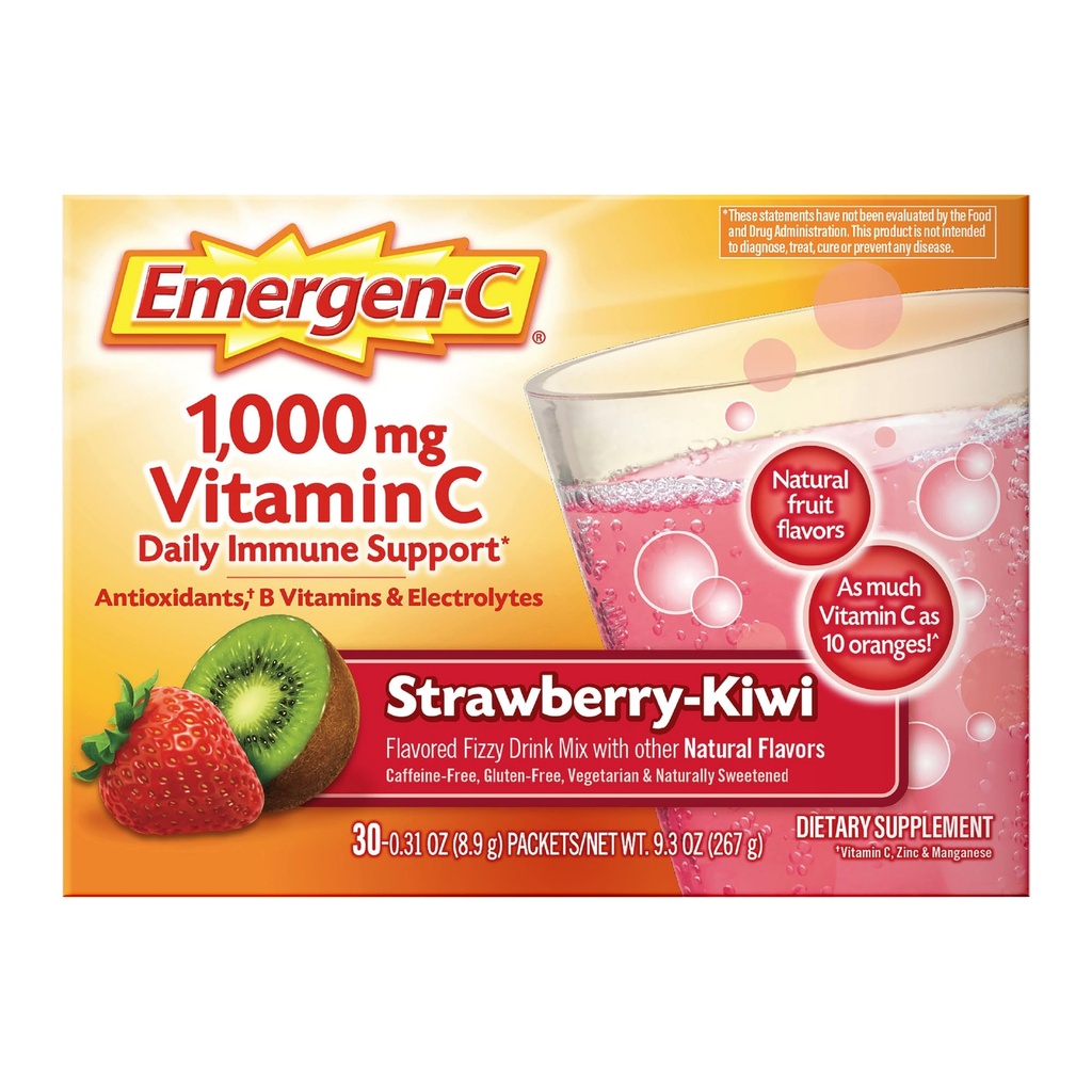 Emergen-C 1000mg Βιταμίνη C Ανοσοποιητική υποστήριξη σκόνη Φράουλα Kiwi 30CT περιλαμβάνει ψευδάργυρο, Μαγγάνιο, 7 Β Βιταμίνες και ηλεκτρολύτες για Back to School Essentials