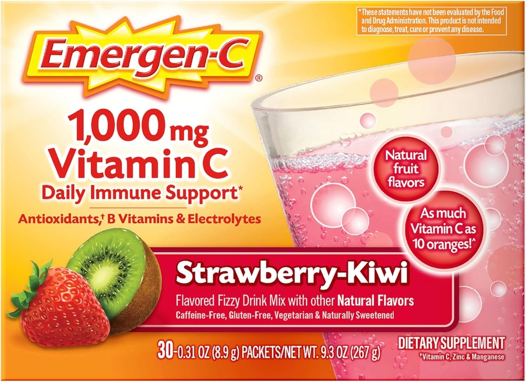 Emergen-C 1000mg Vitamin C Immune Support Powder Strawberry Kiwi 30CT includes Zinc, Manganese, 7 B Vitamins and Electrolytes for Back to School Essentials