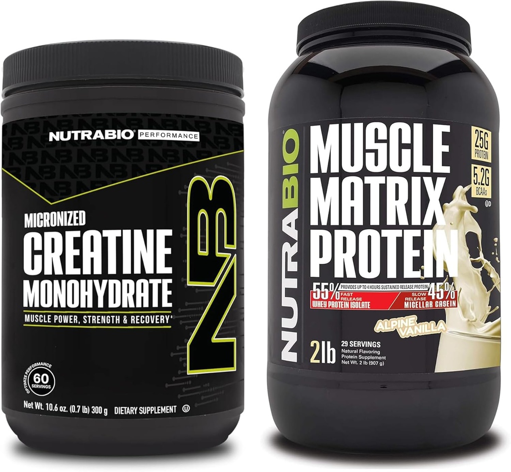 NutraBio Creatine Monohydrate, Unflavored, (300 g) and Muscle Matrix Protein Powder, (Vanilla) Supplement Bundle – Muscle Energy, Maximum Growth, Recovery, and Strength