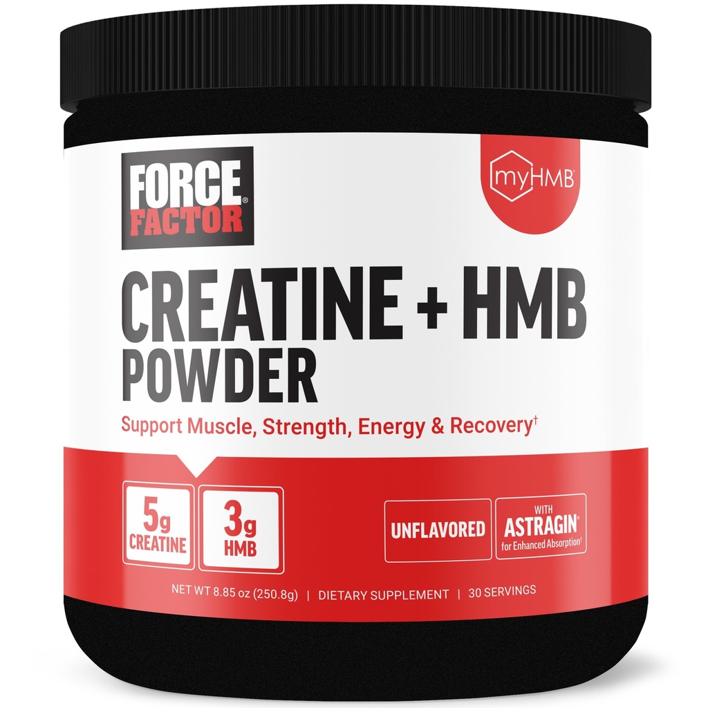 Power Factor Creatine HMB Powder, 5g Creatine Monohydrate + 3g myHMB για μυϊκή ανάπτυξη, δύναμη, ενέργεια & ανάκτηση, με AstraGin για ενισχυμένη απορρόφηση, Unflaved, 30 Υπηρεσίες
