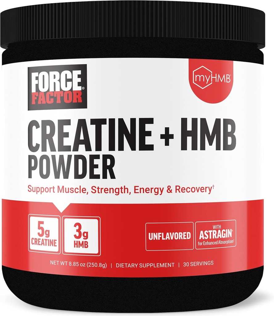 Power Factor Creatine HMB Powder, 5g Creatine Monohydrate + 3g myHMB για μυϊκή ανάπτυξη, δύναμη, ενέργεια & ανάκτηση, με AstraGin για ενισχυμένη απορρόφηση, Unflaved, 30 Υπηρεσίες
