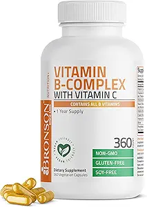 Bronson Vitamin B Complex with Vitamin C - Ανοσοποιητική Υγεία, Ενεργειακή Υποστήριξη & Υποστήριξη Νευρικού Συστήματος - Μη ΓΤΟ, 360 Καψάκια Χορτοφαγικής