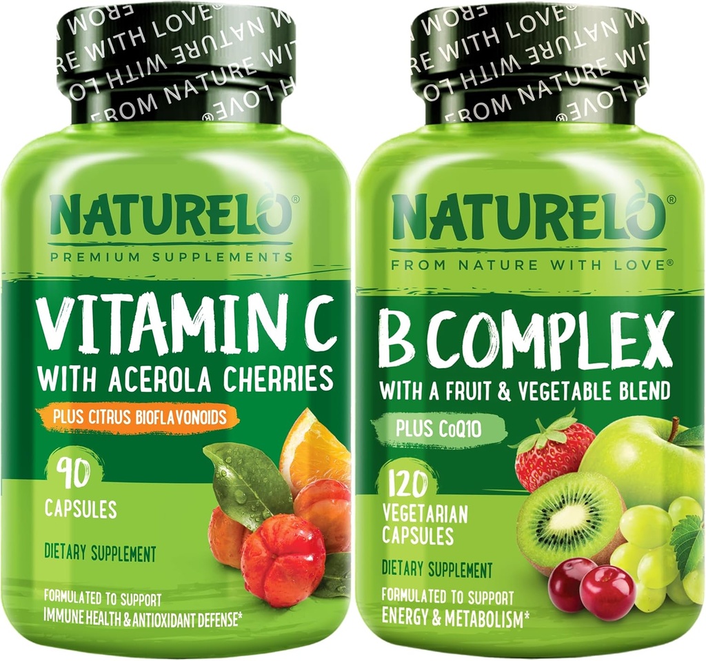 NATURELO Κάψουλες βιταμίνης C, 90 Count Vitamin B Complex 120 Count