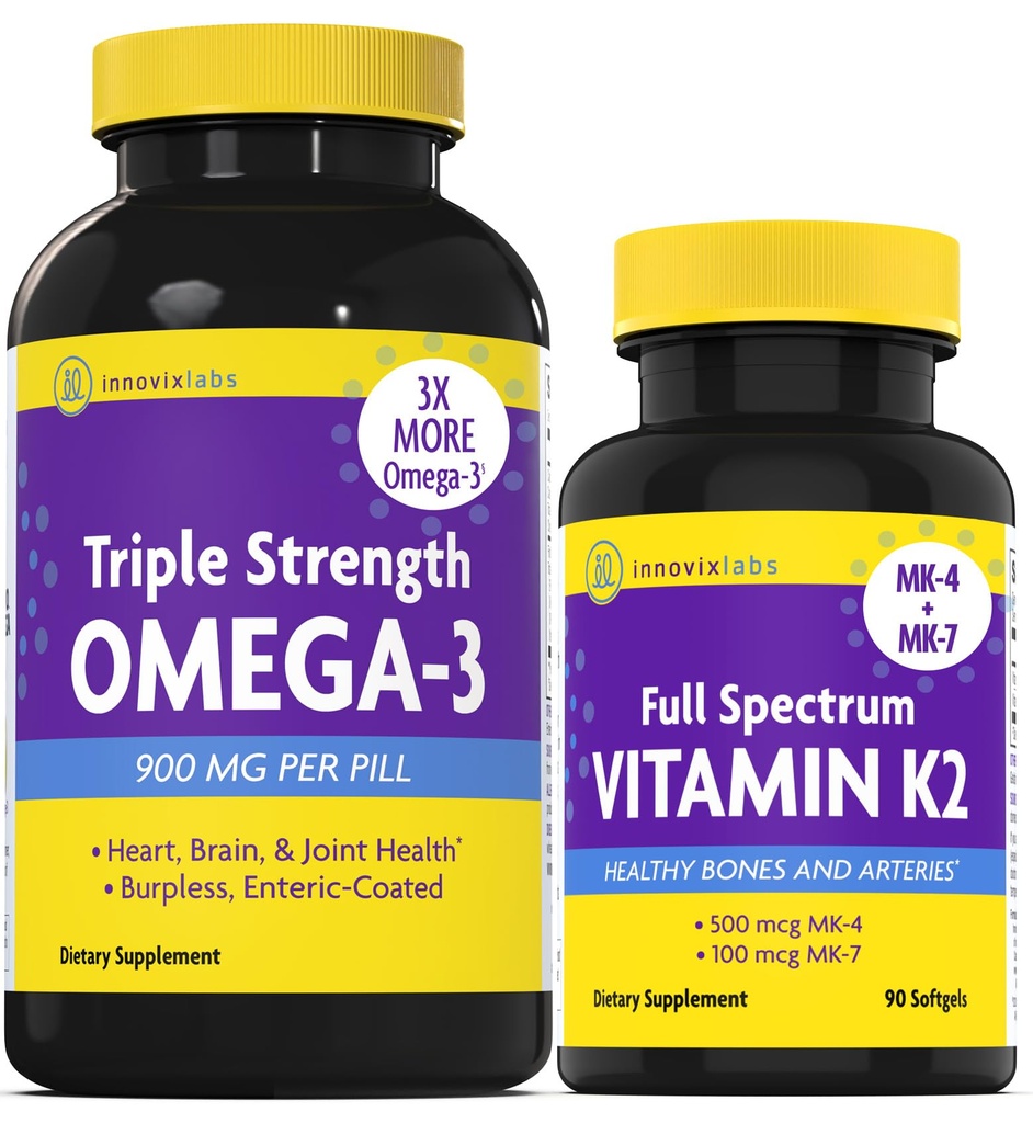 InnovixLabs Βιταμίνη K2 & Τρίκλινο Omega Bundle Full Spectrum Vitamin K2 (90 Softgels) Τριπλή Δύναμη Ωμέγα-3 Fish Oil (200 Softgels). Υποστηρίζει υγιή οστά, αρτηρίες και αρθρώσεις. *