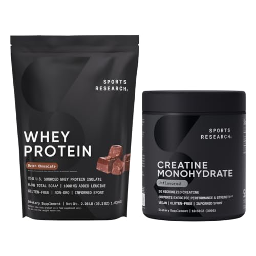 Sports Research® Creatine Monohydrate (10,58 oz) και Ολλανδική πρωτεΐνη Whey σοκολάτας (2 lbs), The Dynamic Duo for Lean Muscle Building, βελτιωμένη απόδοση και δύναμη & αποκατάσταση προπόνησης