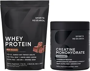 Sports Research Creatine Monohydrate (10.58 oz) and Dutch Chocolate Whey Protein (2 lbs), The Dynamic Duo for Lean Muscle Building, Improved Performance and Strength & Workout Recovery