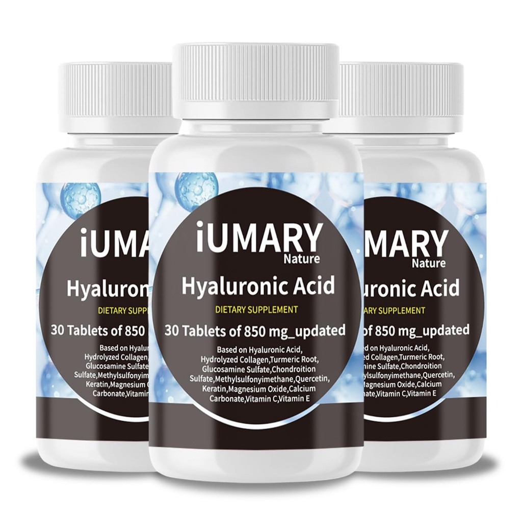 Hyaluronic Acid Supplements, 850mg Υψηλής Βιοδιαθεσιμότητας Διαιτητικό Υαλουρονικό Οξύ - Προηγμένη Κοινή Υποστήριξη με Υδρολυμένο Κολλαγόνο, Κουρκουμάς, Γλυκοζαμίνη, MSM, Βιταμίνη C – 30 Tablets (Pack of 3)
