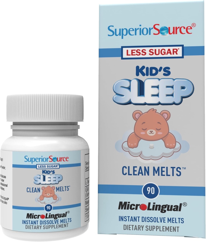 Superior Source Kid's Sleep Clean Melts - Premium Sleep Supplement for Children - Περιέχει μελατονίνη, L-Θεανίνη & GABA - Λιγότερη Ζάχαρη - Μη ΓΤΟ, Χωρίς Γλουτένη - 90 MicroLingual Instant-Dissolve Melts