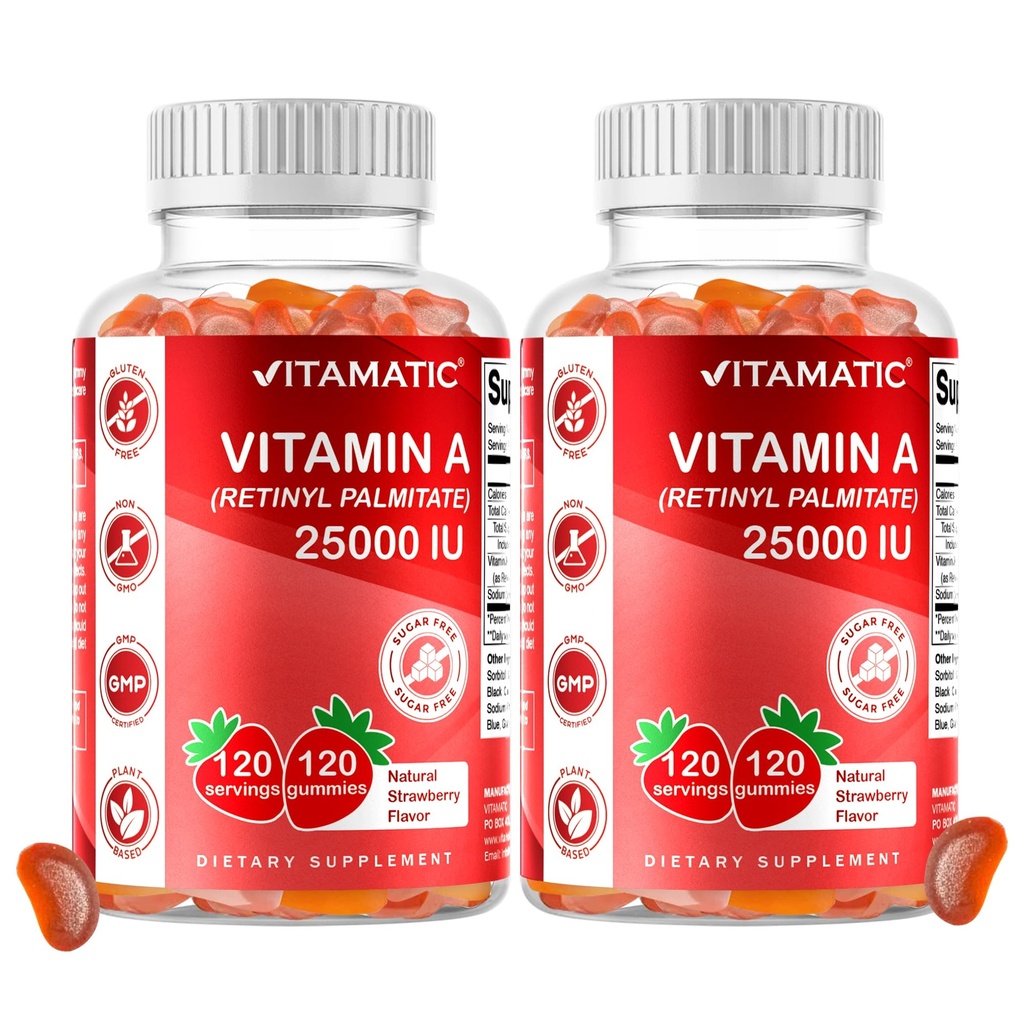 Vitamatic Sugar Free Vitamin A 25000 IU Gummies (Retinyl Palmitate) - Φυσικό άρωμα φράουλας - 120 τσίχλες (2 μπουκάλια)