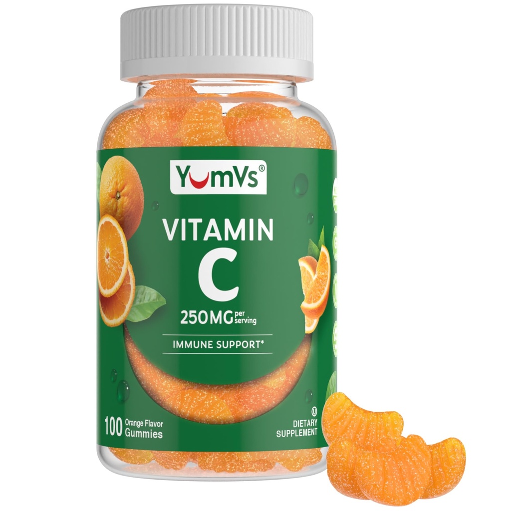 YUM-V'S Vitamin C Gummies for Adults - 250 mg Yummy Vitamin C Gummy - VIT C Gummies - Immune Support Supplement -Orange Flavored Kosher, Halal, Gluten Free (100 Count)